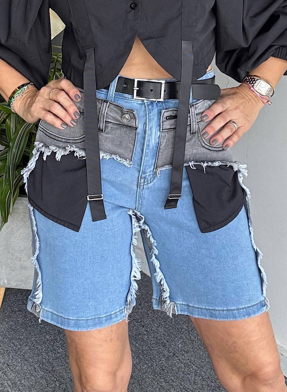 NEW HIGHLIGHT colorblock patch denim shorts in blue